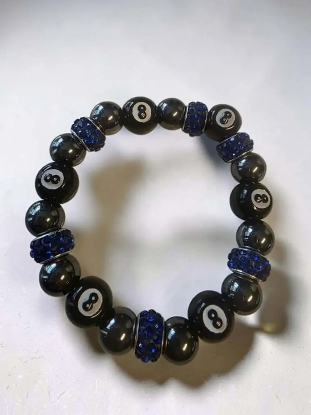 Handcrafted Hematite 8 Ball Billiards Blue Crystal Rondelle Bracelet